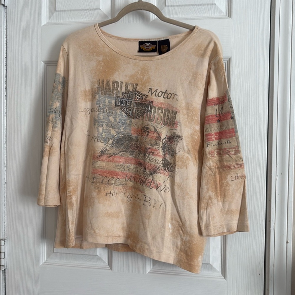 Harley-Davidson 3/4 Long Sleeve AOP Shirt Womens Size 2W Sequins Cotton